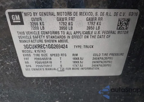 2016 Chevrolet Silverado 1500 2Lt из США, поврежденный, VIN 3GCUKREC1GG269424